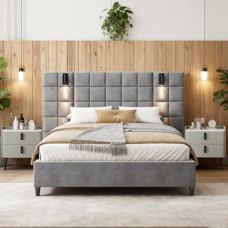 3-Pieces Bedroom Sets,Velvet Upholstered Bed with Grid Pattern Padded Headboard, Nightstands Set of 2 with 2 Drawers