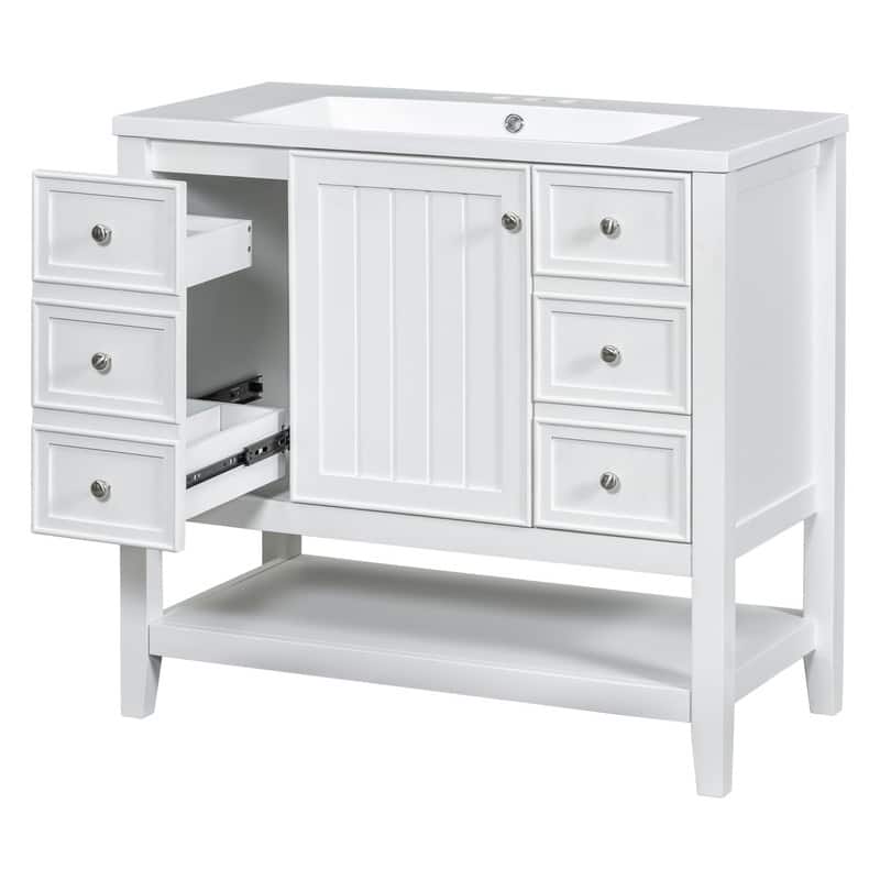 36" Bathroom Vanity with Ceramic Sink, One Cabinet and Three Drawers
