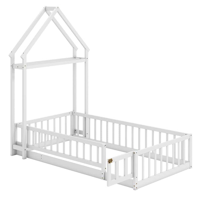 Montessori Twin Size Floor Bed Frame with Guardrails and House Shaped Headboard for Kids Bedroom