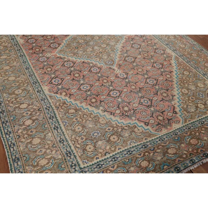 Pink Geometric Tabriz Persian Vintage Rug Hand-Knotted Wool Carpet - 6'7"x 9'9"