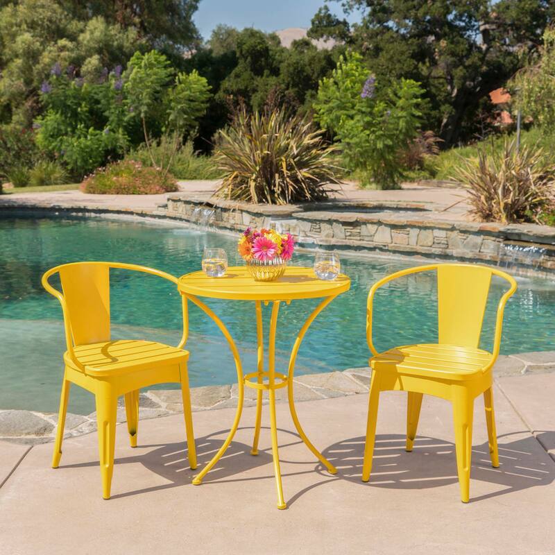 Modern 3-Piece Powder-Coated Iron Bistro Set with Round Slatted Table and Stackable Armchairs for Compact Outdoor Spaces