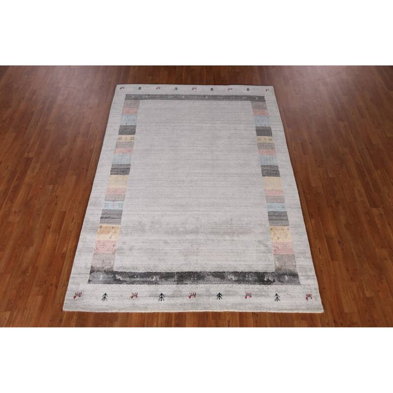 Tribal Gabbeh Indian Area Rug Hand-Knotted Grey Wool Carpet - 5'4" x 7'8"