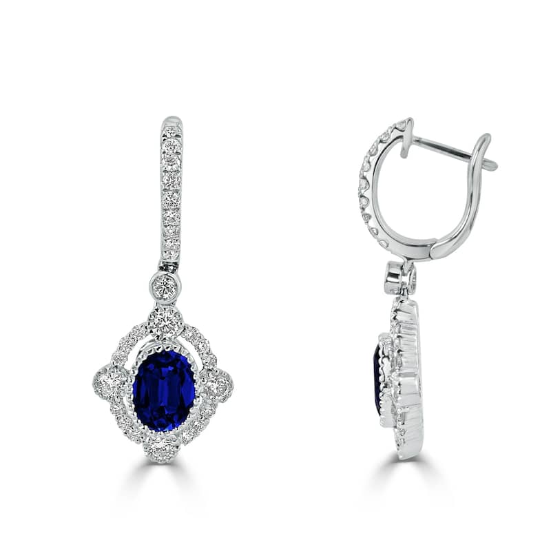 Auriya Vintage Inspired 2ct Blue Sapphire Oval and 7/8ct Diamond Halo Dangle Earrings 18k Gold