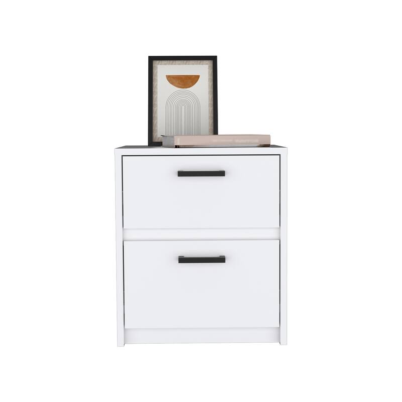 White Nightstand with Two Drawers and Metal Handles