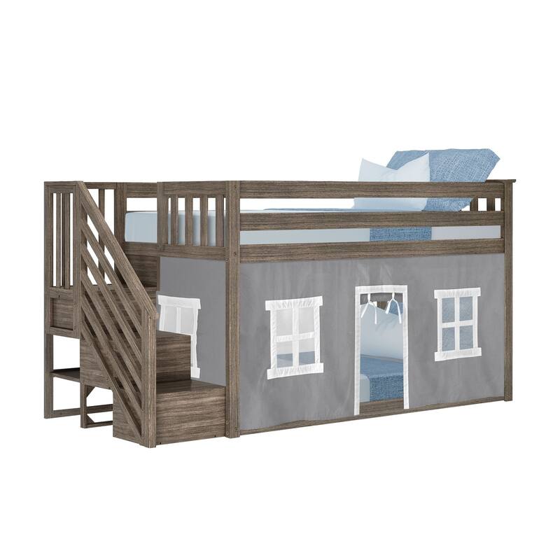 Max and Lily Twin Low Loft with Stairs and Curtains