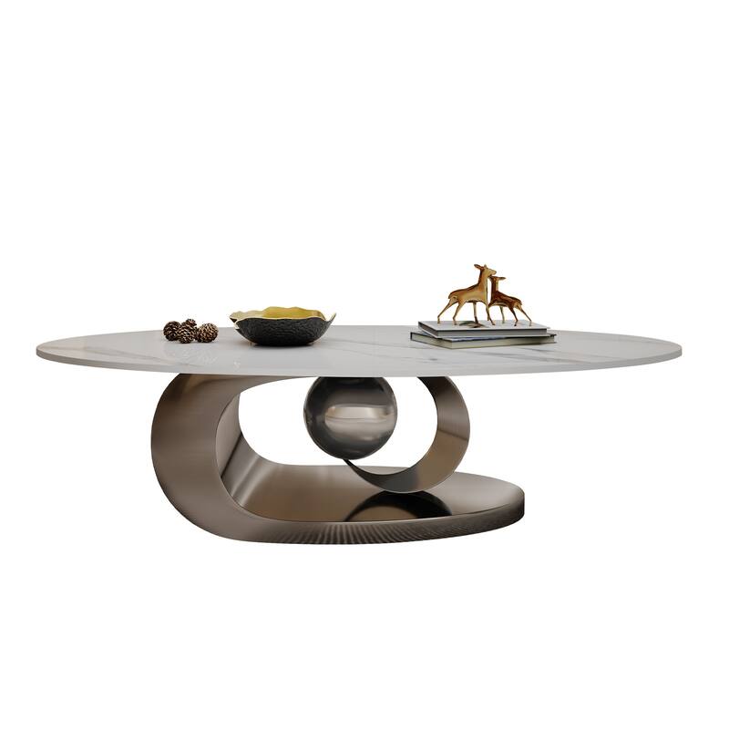 49 Inch Marble Top Coffee Table with Stainless Steel Base