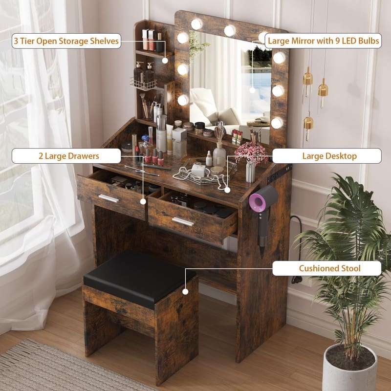 Makeup Vanity Desk with Mirror and Stool, Charging Station, 2 Drawers, 3 Shelves