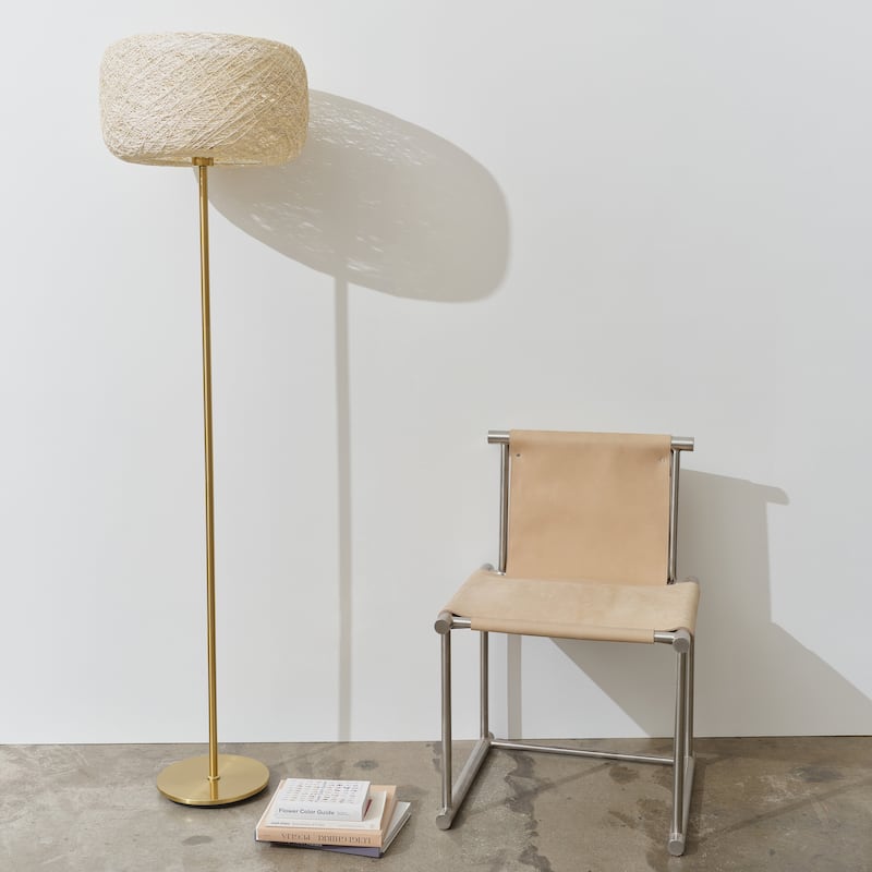 Brightech Rowan 66 in. Antique Brass Mid-Century Modern LED Super Bright Floor Lamp with Beige Twine Drum Shade