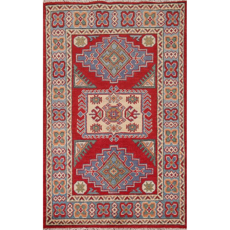 Geometric Red Kazak Accent Rug Handmade Red Wool Carpet - 2'9" x 4'1"