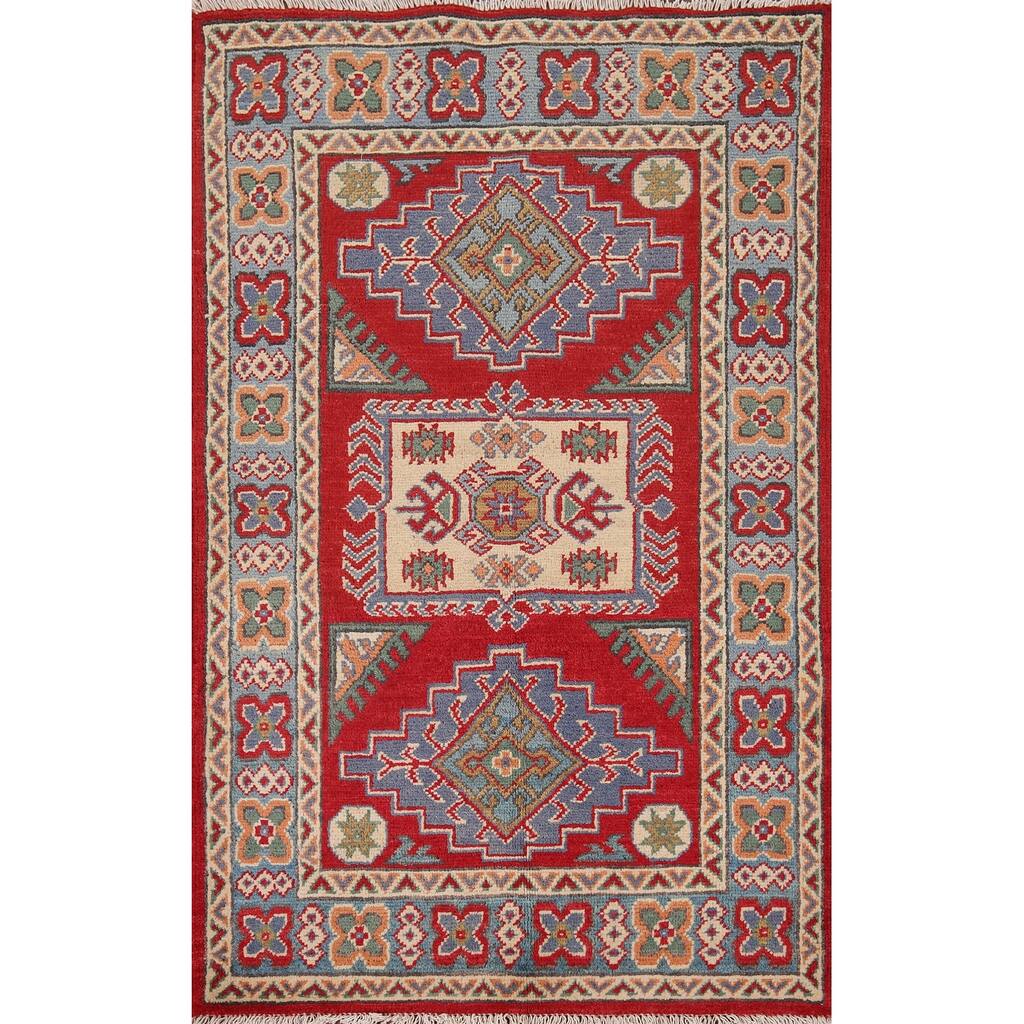 Geometric Red Kazak Accent Rug Handmade Red Wool Carpet - 2'9" x 4'1"
