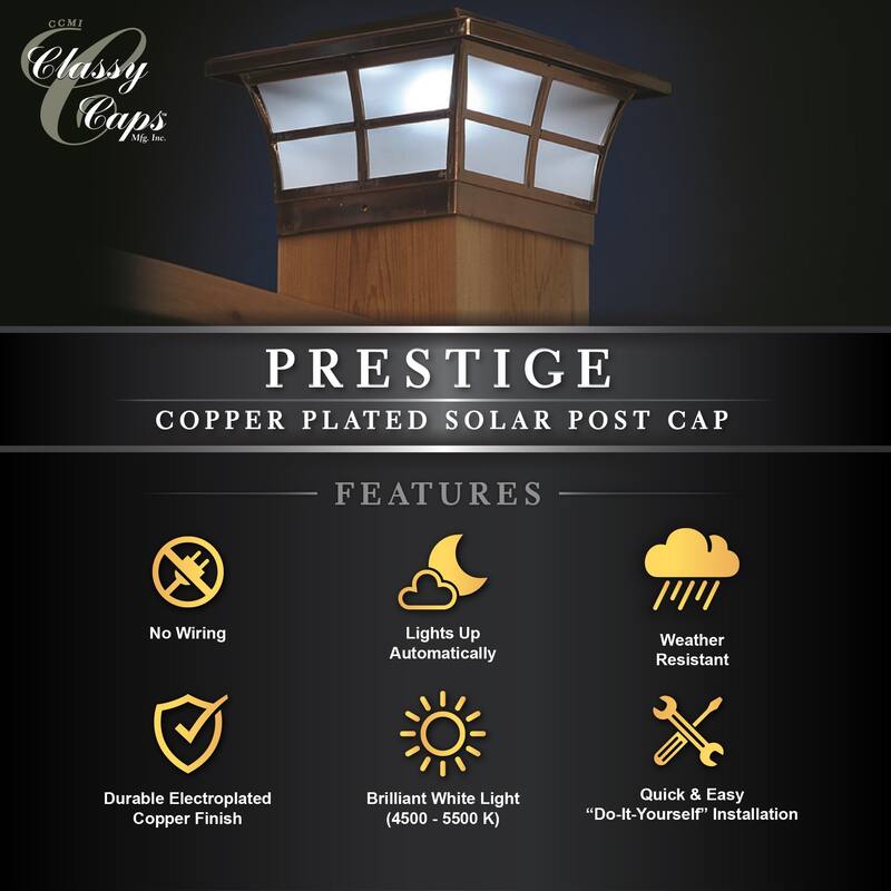 Classy Caps 6x6 Copper Plated Prestige Solar Post Cap (Set of 2)