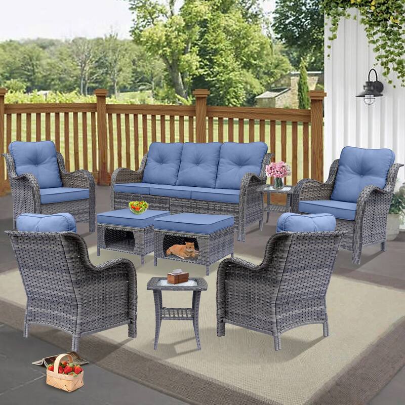 Gray Rattan Wicker High Back Outdoor Patio Furniture Sofa Seating Set