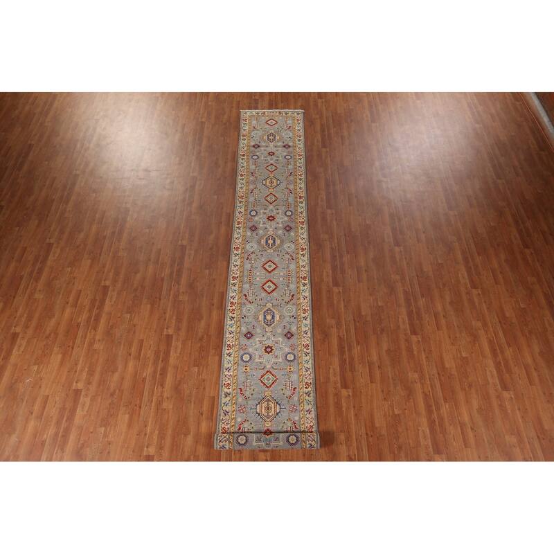 Geometric Kazak Runner Rug Hand-Knotted Grey Wool Carpet - 2'7" x 16'3"