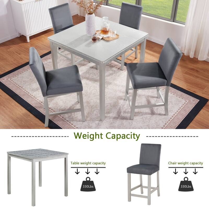 5 Piece Counter Height Table Set, Wooden Kitchen Table Set with Square Table and 4 Upholstered Chairs