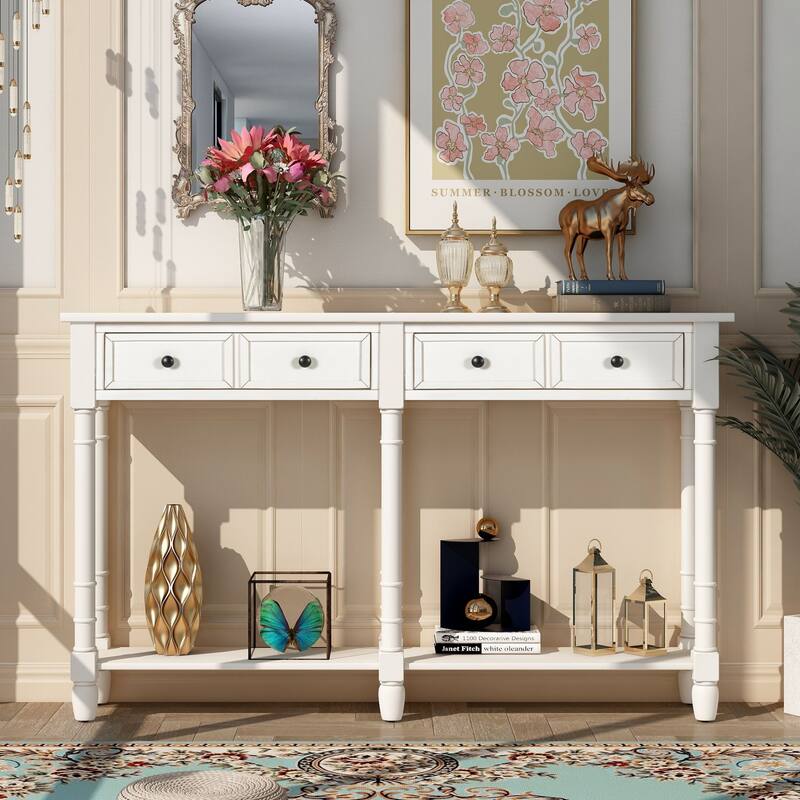 Cusp Barn Console Table Sofa Table Easy Assembly with Two Storage Drawers and Bottom Shelf for Living Room, Entryway - Ivory White
