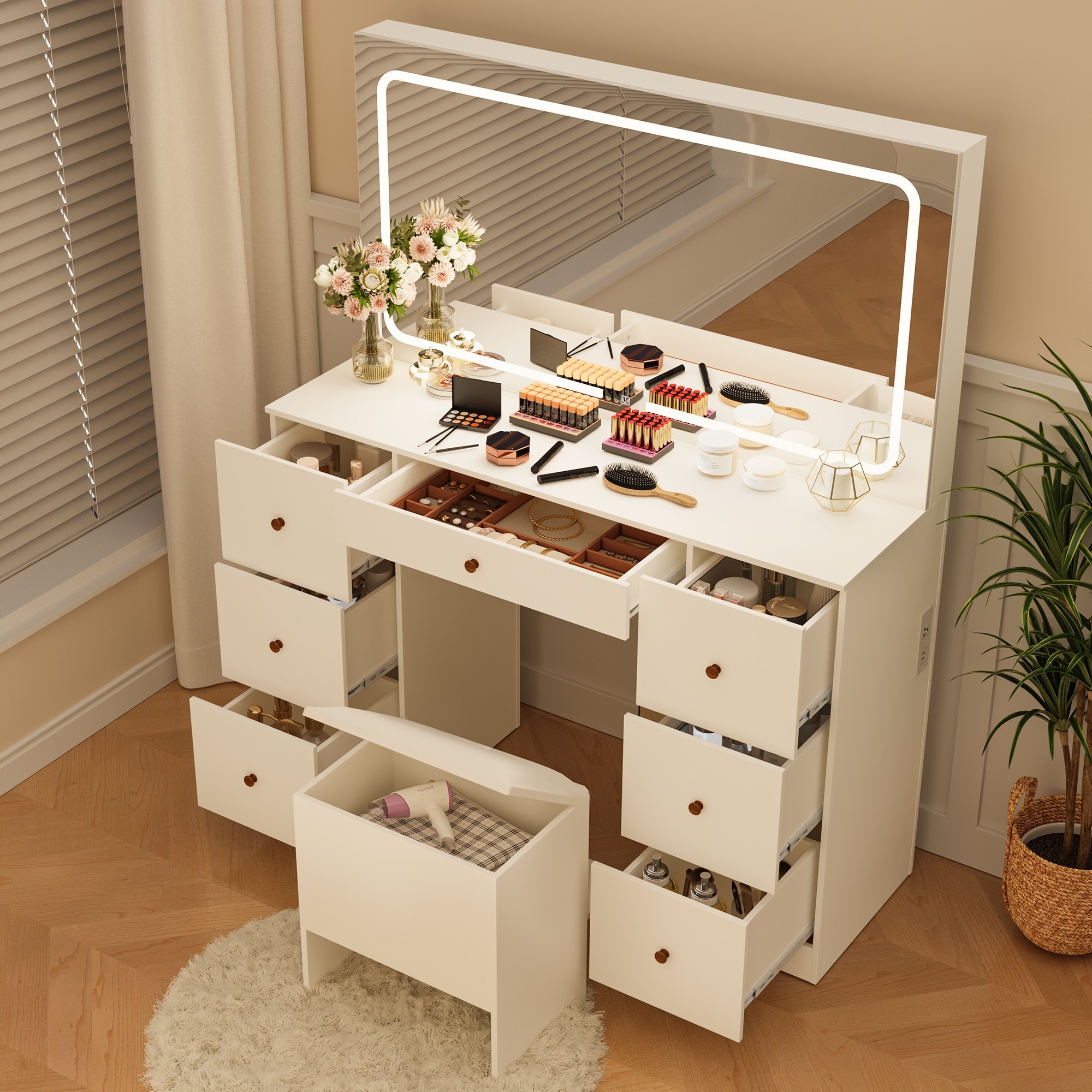Modern Vanity Table with LED Mirror and Stool, Spacious Makeup Desk with Built-in Charger & 7 Drawers, Cushioned Stool Included
