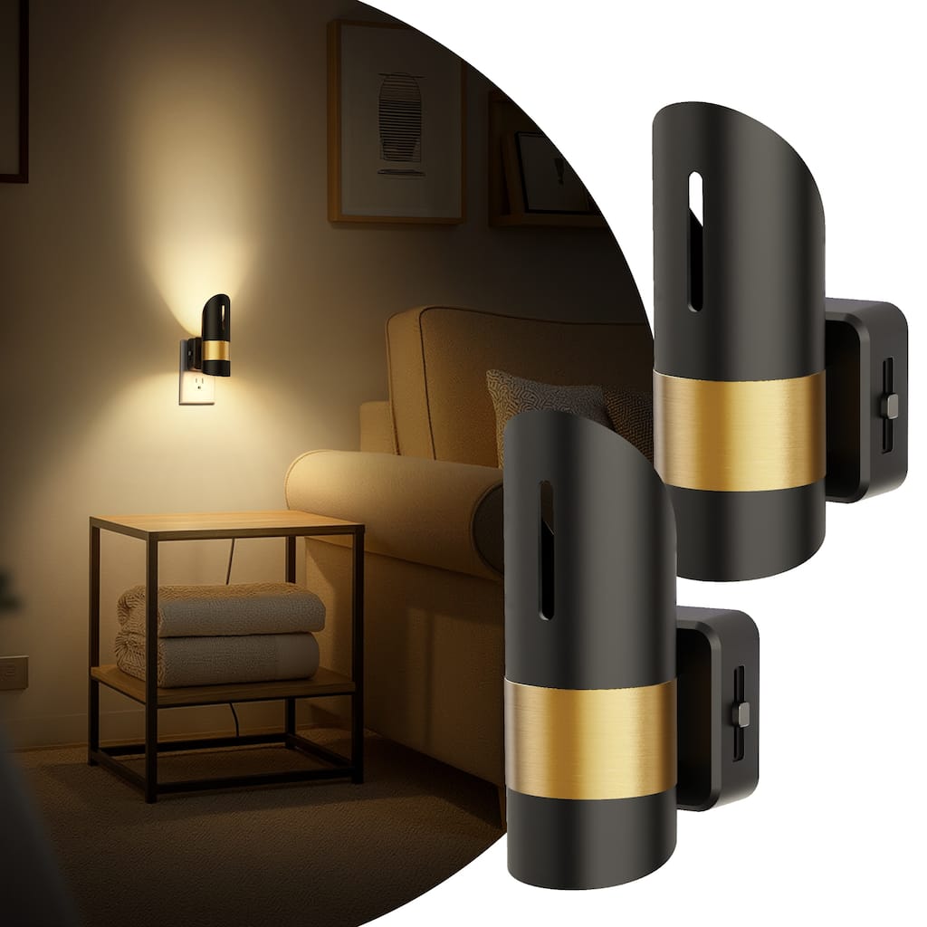 YANSUN Set of 2 Plug-in Light Sensor Night Lights Bamboo Hollow Shade Wall Lamps Black&Copper Tone Warm 3000K Dimmable