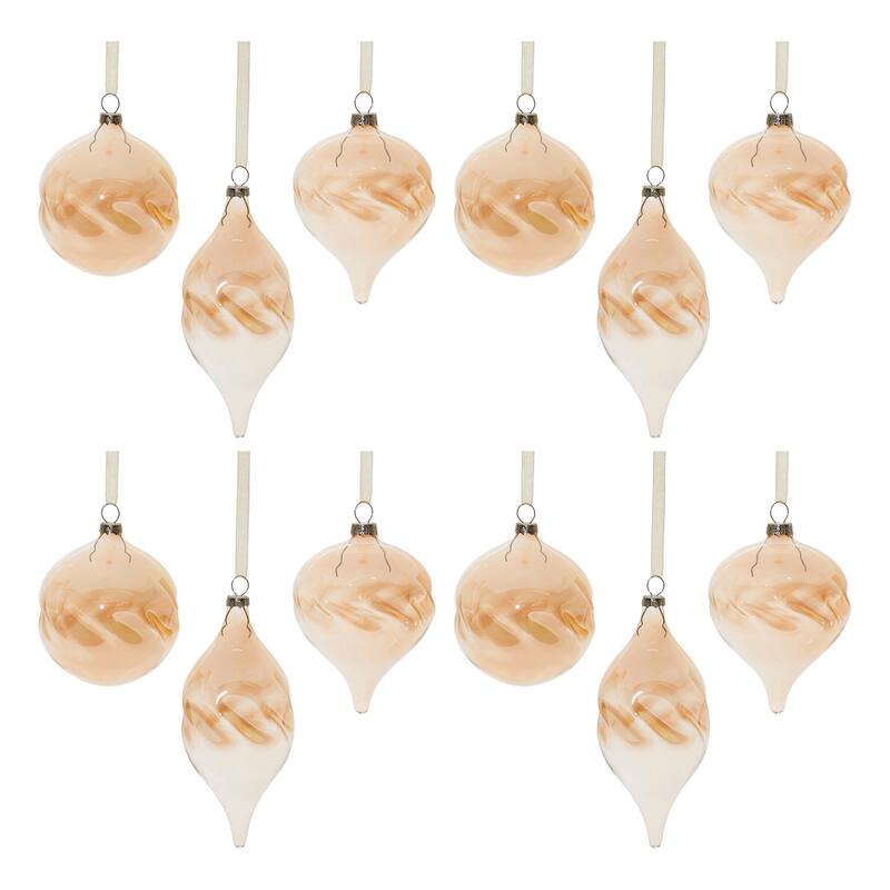 12 Glass Christmas Ornaments Set with Amber Ombre Wavy Design and Ribbon - 3.25" x 3.25" x 4.25 - Orange