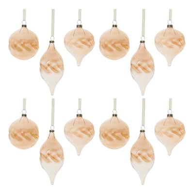 12 Glass Christmas Ornaments Set with Amber Ombre Wavy Design and Ribbon - 3.25" x 3.25" x 4.25