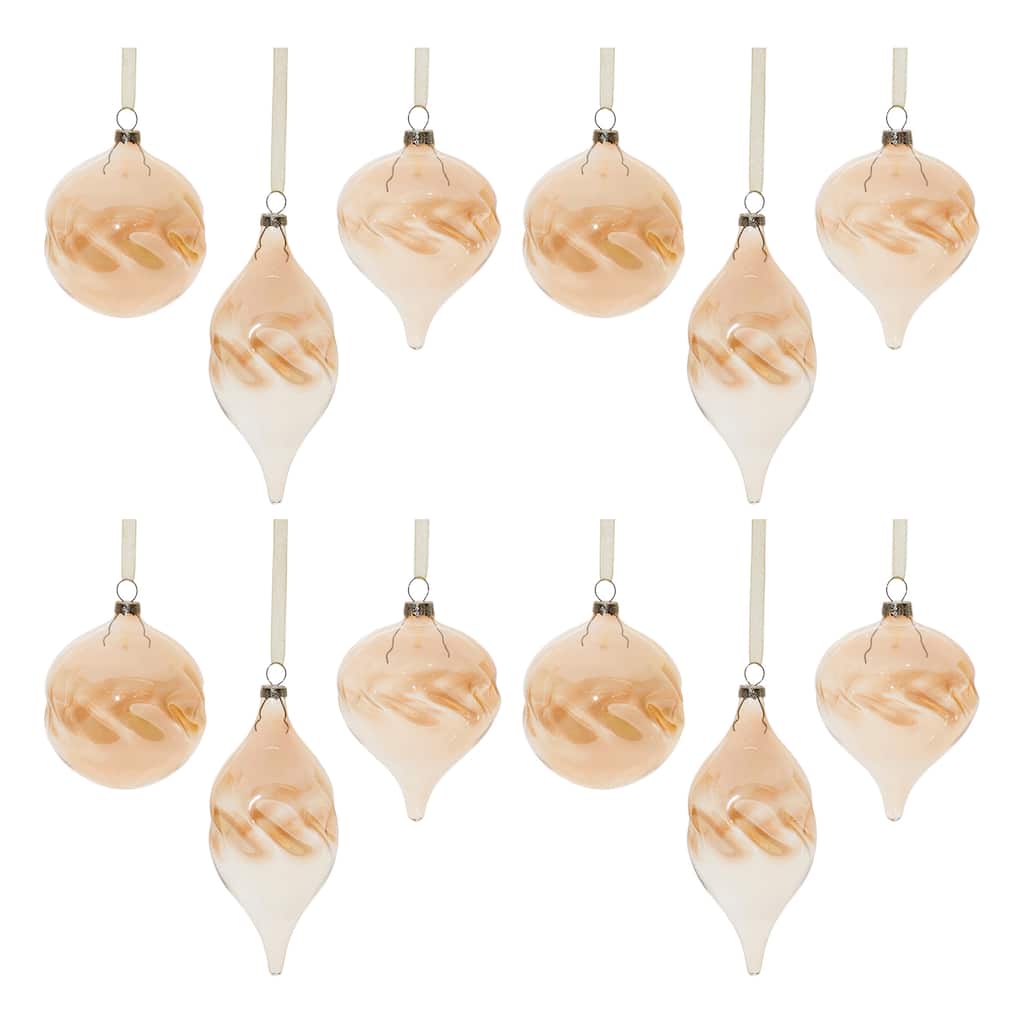 12 Glass Christmas Ornaments Set with Amber Ombre Wavy Design and Ribbon - 3.25" x 3.25" x 4.25