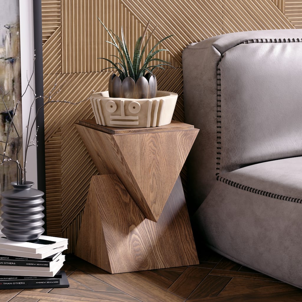 COZAYH Geometric Wood Grain End Table with Structural Design, Farmhouse Side Table with Sculptural Pedestal Base