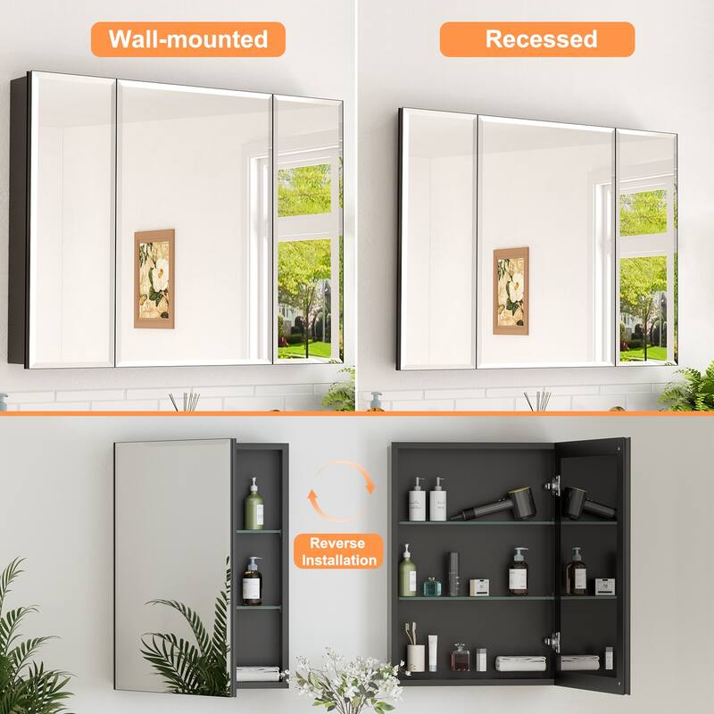 Belle Medicine Cabinet with Mirror, Adjustable Shelves, Recessed or Wall Mount