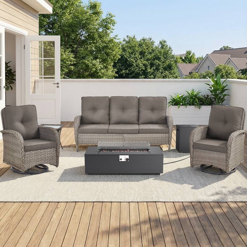 Pocassy 5/7 Piece Sofa Swivel Chair Ottoman with Fire Pit Table - Gray Wicker Gray Cushion - 5-Piece Sofa Swivel Chair with Fire Pit Table