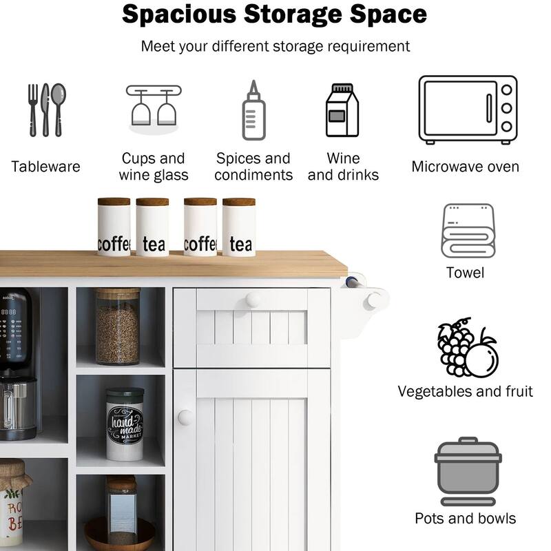 Rubberwood Kitchen Cart with Microwave Storage Rack, Exterior Shelves, and Two Drawers