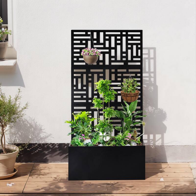2-in-1 Black Metal Garden Planter Box with Trellis for Climbing Plants Flowers Vegetables or Patio - (35.8 x 16.1 x 70.5) in