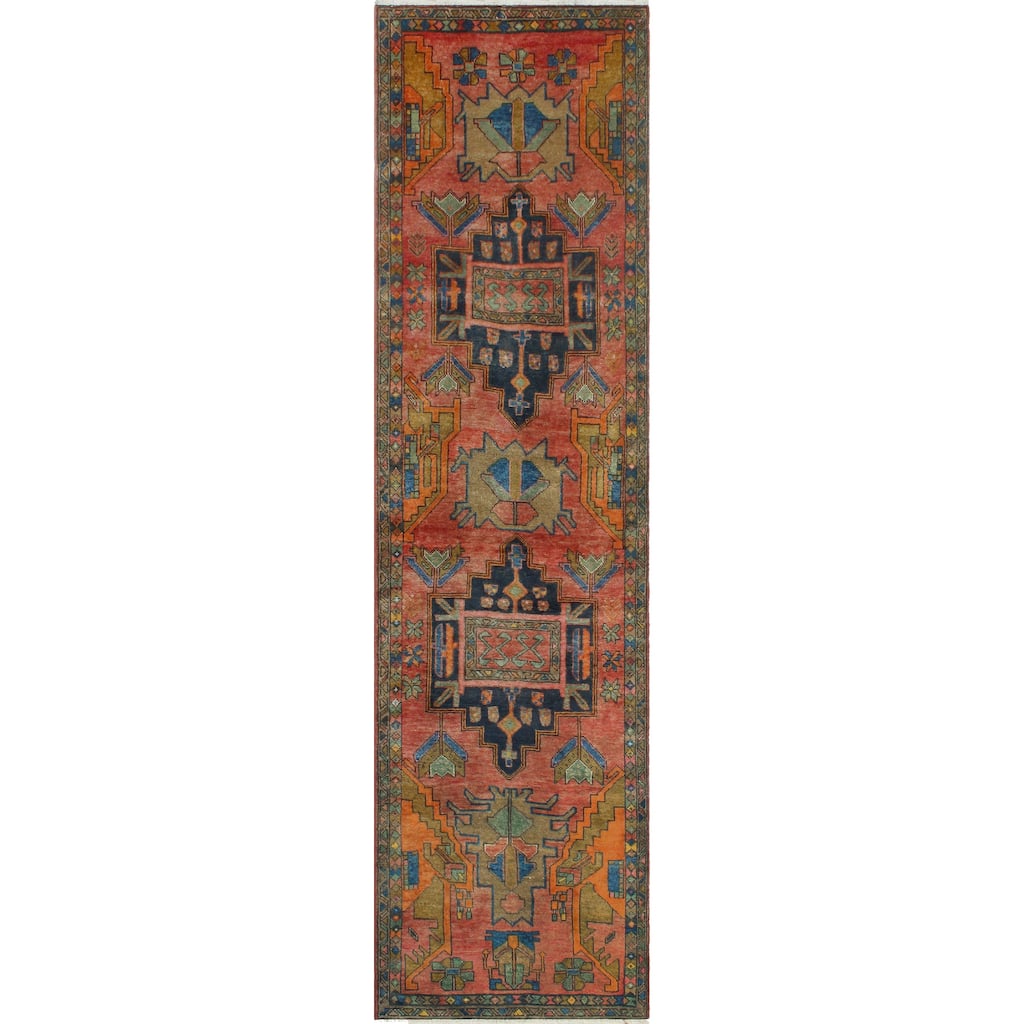 Fine Vintage Distressed Areta Rust/Navy Runner - 3'4" x 12'11"