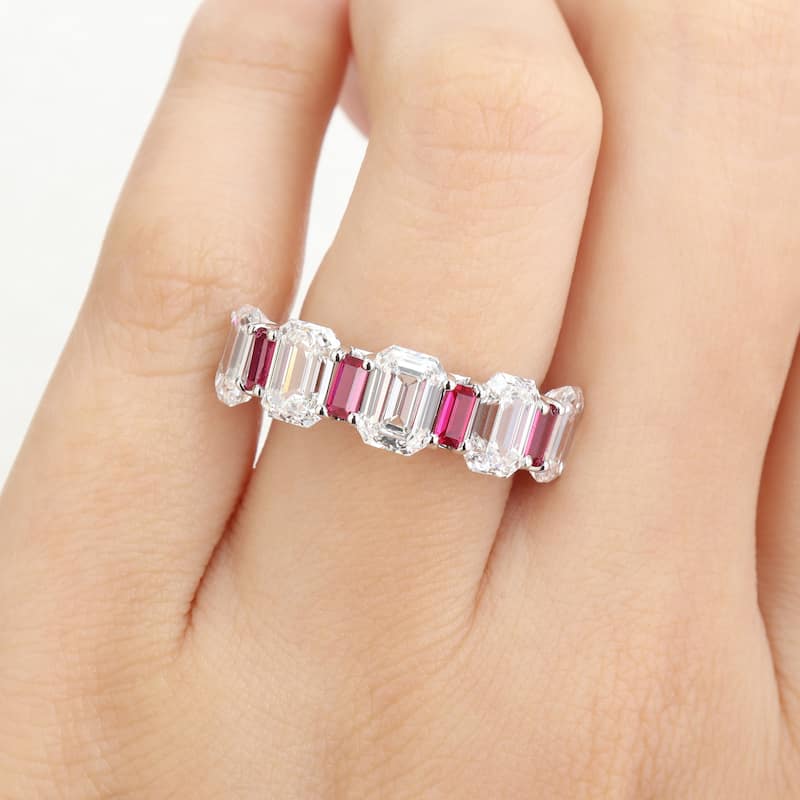 Miadora 5ct TDW Lab-Grown Diamond and 1ct TGW Created Ruby Semi-Eternity Ring in 14k White Gold