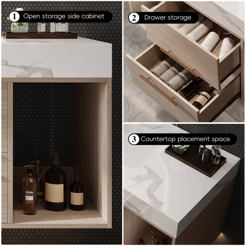 Floating Bathroom Vanity with Ceramic Sink, Rectangle Bathroom Storage Cabinet with Sintered Stone Countertop