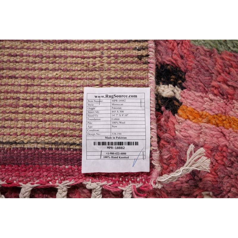 Pink Geometric Moroccan Large Area Rug Hand-Knotted Wool Carpet - 9'10" x 14'7"