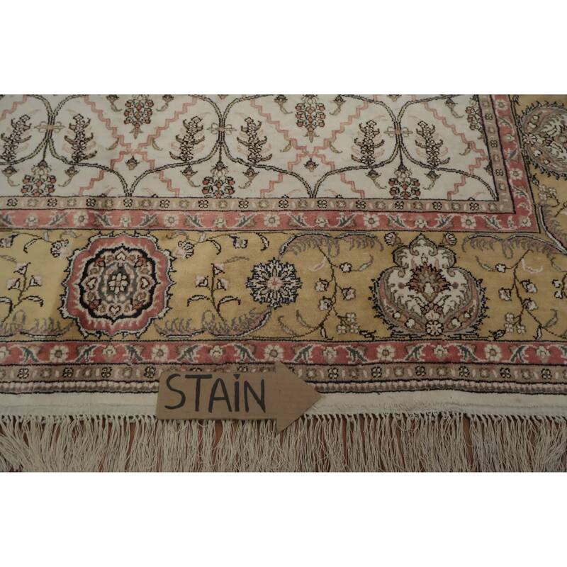 Hand Knotted Oriental Silk Carpet Traditional Floral Beige & Ivories Kashmir Area Rug - 8' 11'' X 6' 1''