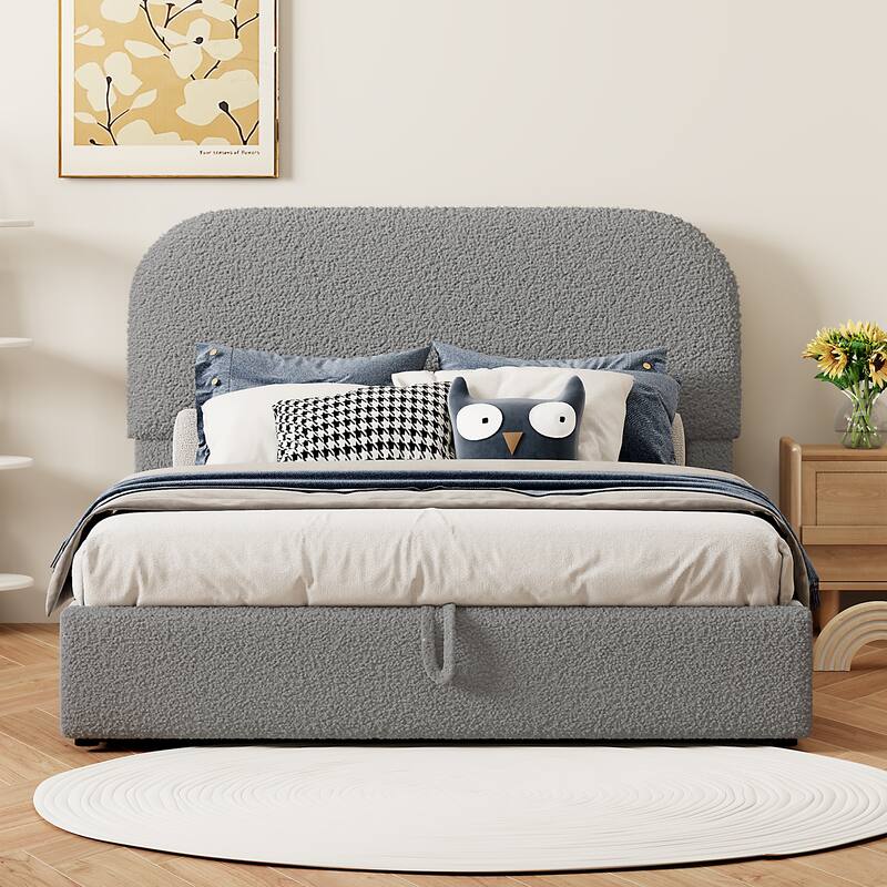 Lift Up Storage Platform Bed Frame, Teddy Fleece Low Profile Bed Hydraulic Storage System, Curved Headboard, Wood Panel Bed