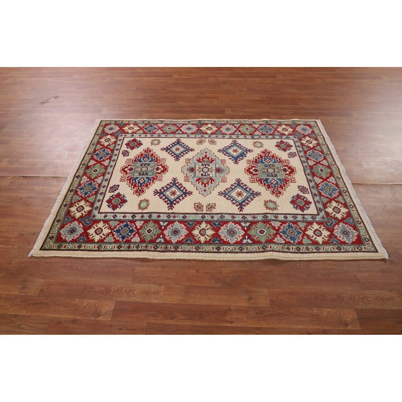 Ivory Kazak Area Rug Hand-Knotted Wool Carpet - 3'11" x 5'6"