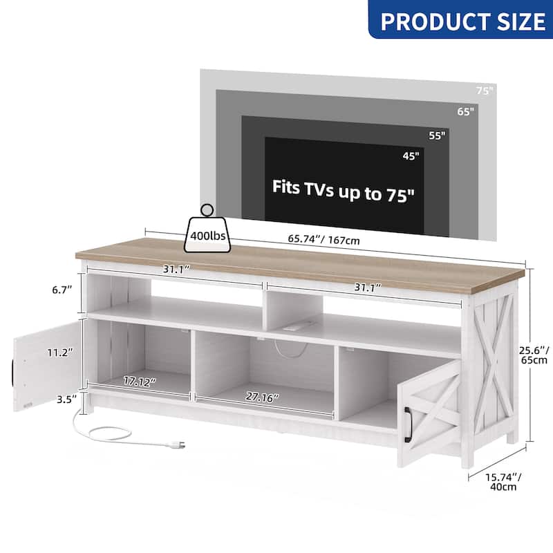 Farmhouse TV Stand for up to 65" TV with Doors and Open Shelves Media Console Power Outlet