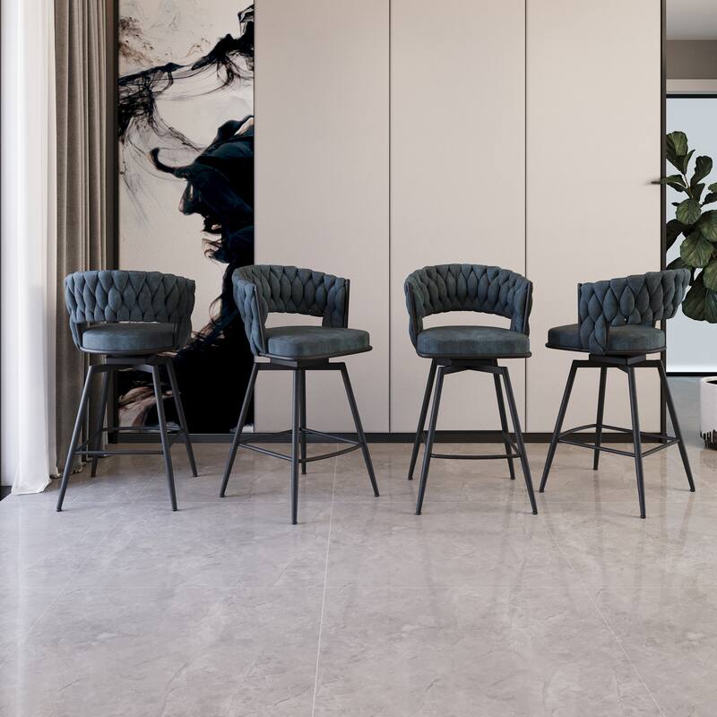 360 Swivel Suede Woven Bar Chair Set of 4, Upholstered Barstools with Metal Base - Blue+Black