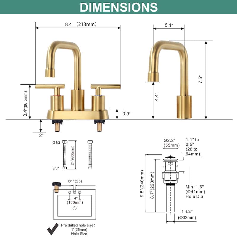 WOWOW 4 in. Centerset Double Handle Bathroom Faucet with Drain Kit