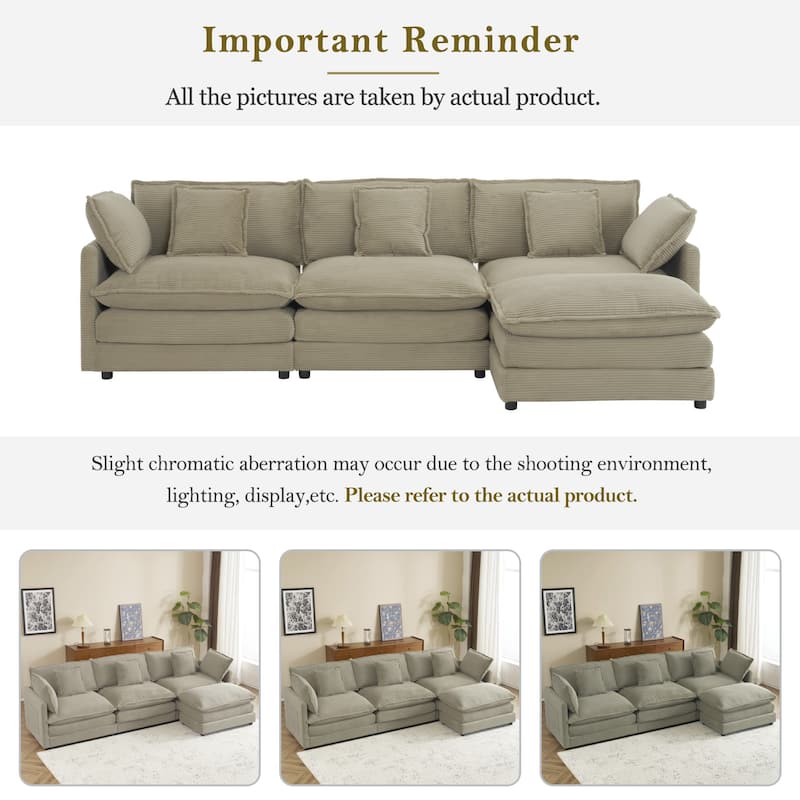 112.6" Corduroy L-Shaped Sectional Sofa with Ottoman and Storage Pockets