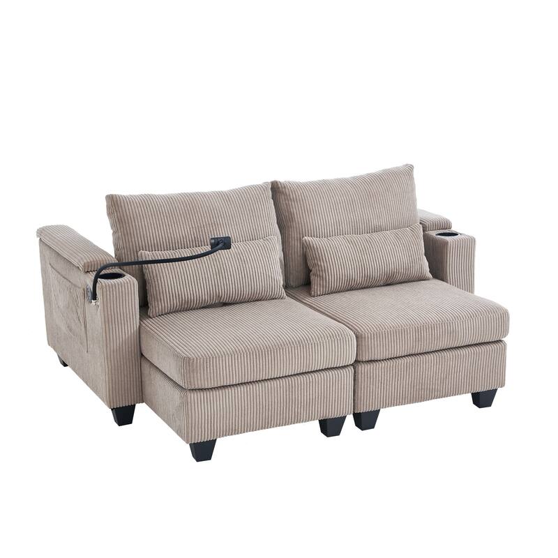 Convertible Chaise Lounge Loveseat Sofa Bed with USB Ports, Storage, and Lumbar Pillows, Brown Corduroy