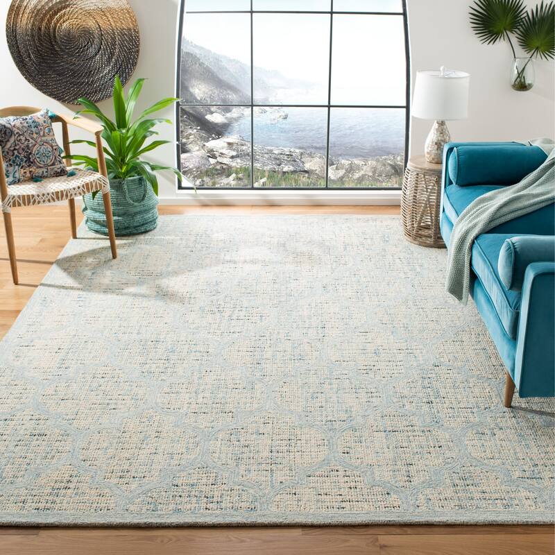 SAFAVIEH Handmade Abstract Henrietta Modern Trellis Wool Area Rug - 6' Square - Ivory/Turquoise - Square