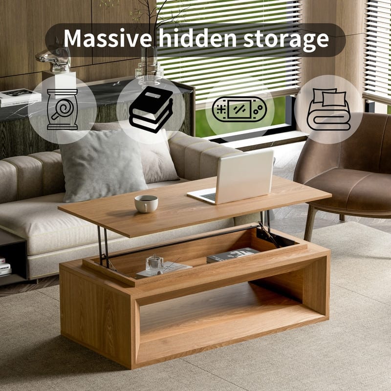 43.3" Lift-Top Coffee Table, Solid Wood Veneer Modern Accent Table with Storage and Adjustable Height