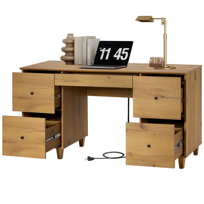 58" Executive Desk with 5 Drawers&Charging Station for Home Office - 5 Drawers - Oak Brown