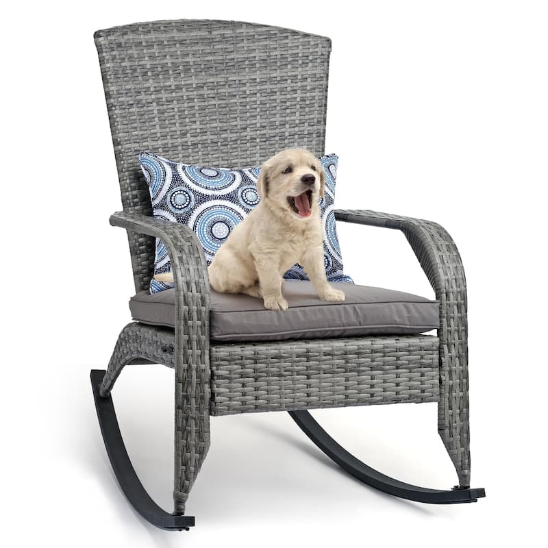 Outdoor Wicker Rocking Chair, Rattan Recliner - Blue-Grey