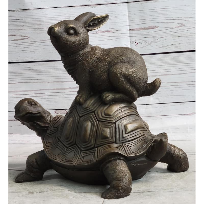 Tortoise And The Hare Aesop Fable Bronze Sculpture Figurine Statue Collectible Decor Signed Original Art