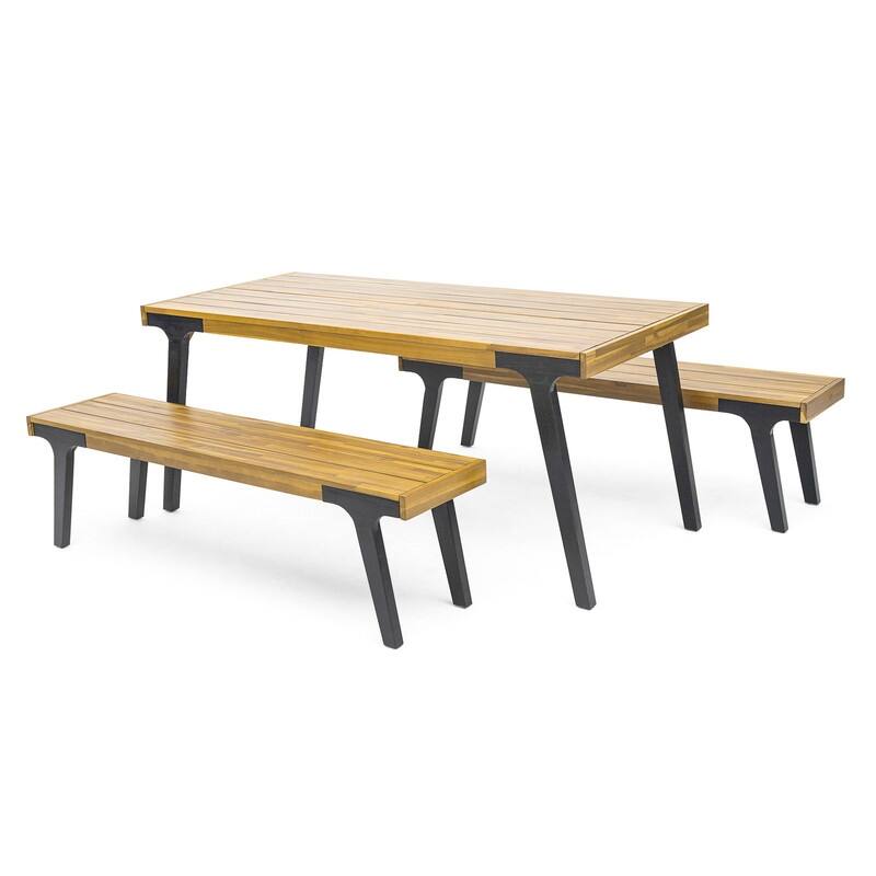 Modern Acacia Wood Dining Set with Table and 2 Slat Panel Benches