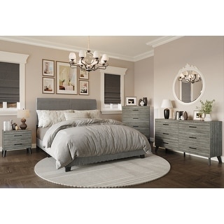 CraftPorch Corduroy 4-pieces Mid-Century Modern Grey Bed with Dark Grey Furniture Bedroom Set