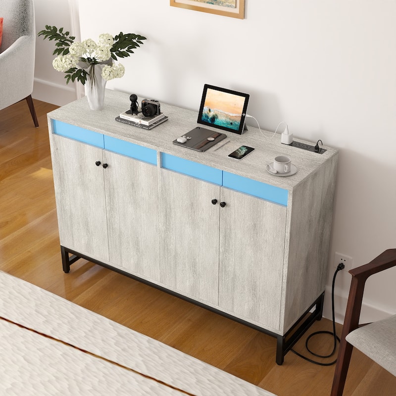 4 Doors Accent Cabinet with Power Outlet, Buffet Cabinet Storage Bar Cabinet with LED Light