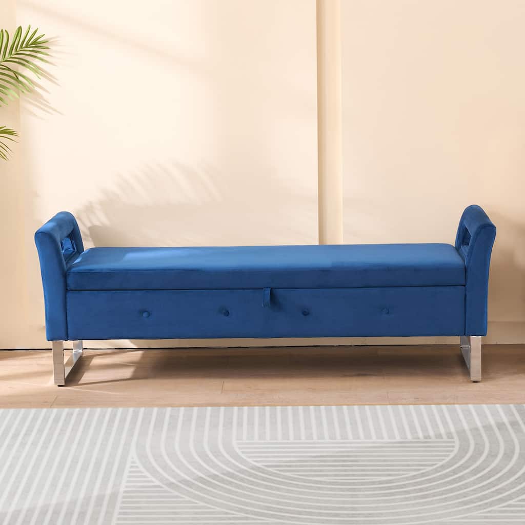 Storage Bench with Armrests, Velvet Upholstered End of Bed Bench, Entryway Bench with Hidden Storage Compartment